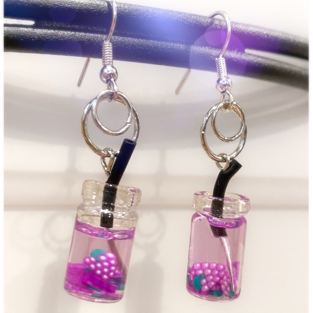 New Handmade Summer Fruity Grape Slice Glass S925 Sterling Silver Earrings - Picture 12 of 15